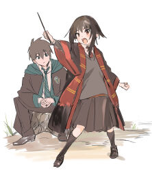 Rule 34 | 1boy, 1girl, arm up, blush, brown hair, brown pants, brown robe, brown skirt, clenched hand, closed mouth, collared shirt, cosplay, dress shoes, elbows on knees, floating hair, green eyes, green necktie, grey sweater, gryffindor, harry potter (series), holding, holding wand, interlocked fingers, kakeami, kneehighs, kono subarashii sekai ni shukufuku wo!, loafers, long sleeves, looking at another, megumin, necktie, open clothes, open mouth, open robe, own hands together, pants, pleated skirt, red eyes, red necktie, robe, satou kazuma, shirt, shoes, short hair, short hair with long locks, sitting, sitting on tree stump, skirt, slytherin, socks, standing, stole, sweater, v-shaped eyebrows, wand, white background, white shirt, wizarding world