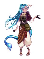 1girl :d bag black_gloves blue_hair capelet dairoku_ryouhei full_body gloves handbag hio_(tommy_walker) horns irina_waldren long_hair looking_at_viewer open_mouth pointy_ears purple_eyes sandals single_horn smile solo standing tail very_long_hair