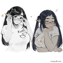 Rule 34 | 1girl, anajudraws, artist name, black hair, blush, breasts, closed eyes, fang, food print, glasses, highres, large breasts, original, pointy ears, print shirt, rimless eyewear, shirt, simple background, squiggle, sweatdrop, twintails, white background, white shirt