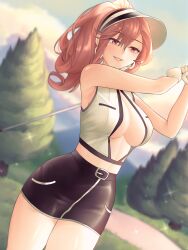 Rule 34 | 1girl, absurdres, azur lane, black hat, blurry, blurry background, breasts, center opening, clemenceau (azur lane), clemenceau (splendid breeze) (azur lane), earrings, gloves, golf, golf club, golf course, hair between eyes, hands up, hat, high ponytail, highres, jewelry, large breasts, light brown hair, long hair, official alternate costume, outdoors, pencil skirt, pink hair, pumpkinpaii, red eyes, shirt, skirt, smile, solo, tree, visor cap, white gloves, white shirt