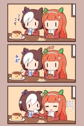 Rule 34 | 2girls, 3koma, animal ears, blunt bangs, blush stickers, bottle, bow, brown hair, burp, carrot print, chibi, comic, commentary, cup, disposable cup, drinking straw, drinking straw in mouth, ear bow, ear covers, food, food print, gomashio (goma feet), hair ornament, hairband, highres, holding, horse ears, horse girl, jacket, long hair, long sleeves, milk bottle, milk mustache, multicolored hair, multiple girls, notice lines, orange hair, plate, pudding, purple bow, red jacket, short hair, sidelocks, silence suzuka (umamusume), sound effects, special week (umamusume), table, track jacket, translation request, two-tone hair, umamusume, visible air, white hair, white hairband, | |