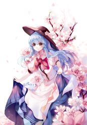 Rule 34 | 1girl, artist name, blue hair, bow, cherry blossoms, clothes lift, dated, dress, floral background, flower, food, fruit, hat, hat flower, highres, hinanawi tenshi, layered dress, leaf, leaning forward, ling mou, long hair, looking at viewer, peach, puffy short sleeves, puffy sleeves, red bow, red eyes, short sleeves, skirt, skirt hold, skirt lift, smile, solo, spring (season), touhou, twig