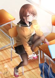Rule 34 | 1girl, arm up, bag, black sailor collar, black skirt, blush, brown cardigan, brown eyes, brown hair, brown pantyhose, cardigan, chair, closed mouth, commentary request, day, desk, highres, indoors, knee up, long sleeves, on chair, original, pantyhose, pleated skirt, sailor collar, school bag, school chair, school desk, school uniform, serafuku, sheepd, shirt, shoes, signature, sitting, skirt, sleeves past wrists, smile, solo, sunlight, uwabaki, white footwear, white shirt, window, wooden floor