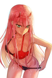 Rule 34 | 10s, 1girl, bikini, breasts, cleavage, closed mouth, commentary request, darling in the franxx, green eyes, horns, large breasts, leaning forward, long hair, looking at viewer, pink hair, simple background, smile, solo, standing, swimsuit, tutler, wet, white background, zero two (darling in the franxx)