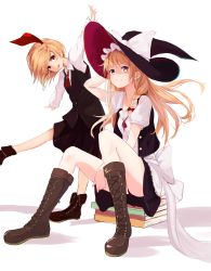 Rule 34 | 2girls, apron, ascot, black dress, black panties, black skirt, blonde hair, book stack, boots, bow, braid, broom, brown footwear, closed mouth, collared shirt, dress, dress shirt, hair bow, hair ribbon, hand on headwear, hat, hat bow, head tilt, highres, kirisame marisa, long hair, long sleeves, looking at viewer, lumo 1121, miniskirt, multiple girls, open clothes, open mouth, open vest, outstretched arms, panties, pantyshot, puffy short sleeves, puffy sleeves, red bow, red eyes, red ribbon, ribbon, rumia, sash, shirt, short hair, short sleeves, side braid, simple background, single braid, sitting, sitting on books, skirt, skirt set, smile, touhou, tress ribbon, underwear, vest, waist apron, white background, white bow, white shirt, witch, witch hat, yellow eyes