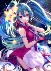 Rule 34 | 1girl, blue eyes, blue hair, blush, breasts, closed mouth, commentary, commentary request, dress, gloves, hair between eyes, hatsune miku, headset, holding, long hair, looking at viewer, magical mirai (vocaloid), magical mirai miku, magical mirai miku (2022), medium breasts, mixed-language commentary, pleated dress, red dress, red gloves, shiomizu (swat), sleeveless, sleeveless dress, smile, solo, star (symbol), twintails, two-tone dress, very long hair, vocaloid, white dress