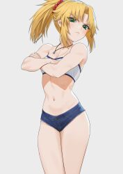 Rule 34 | 1girl, bandeau, blonde hair, blue shorts, braid, breasts, carlo montie, crossed arms, denim, denim shorts, fate/apocrypha, fate/grand order, fate (series), female focus, french braid, green eyes, highres, jewelry, long hair, looking at viewer, midriff, mordred (fate), mordred (fate/apocrypha), mordred (memories at trifas) (fate), navel, necklace, parted bangs, ponytail, pout, red scrunchie, scrunchie, short shorts, shorts, sidelocks, small breasts, solo, thighs
