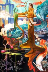 Rule 34 | 1boy, arapaima, bird, black eyes, black hair, blurry, carp, catfish, cloud, clown0248, depth of field, embryo, expressionless, facing away, fish, flower, from side, highres, hirasawa susumu, holding, horse, koi, lake, lily pad, looking afar, lotus, male focus, moss, oversized clothes, plant, real life, robe, roots, solo, standing, standing on liquid, stream, submerged, surreal, water, waterfall, wheat, wolf