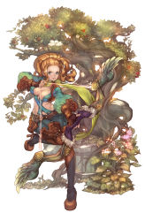 Rule 34 | 1girl, archer (tree of savior), archery, bow (weapon), breasts, cleavage, fingerless gloves, gloves, green eyes, highres, large breasts, leg up, looking at viewer, maggi, official art, orange hair, parted lips, ponytail, simple background, solo, standing, standing on one leg, teeth, tree of savior, weapon, white background