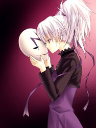 Rule 34 | 00s, 1girl, darker than black, dress, from side, gradient background, holding, kiss, long sleeves, mask, ponytail, profile, purple dress, red eyes, simple background, solo, upper body, vanilla (artist), vanilla (nicolla), yin (darker than black)