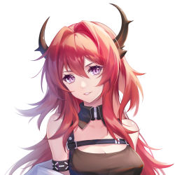 Rule 34 | 1girl, absurdres, arknights, armlet, bare shoulders, black dress, breasts, cleavage, detached collar, dress, hair intakes, highres, horns, infection monitor (arknights), kirby d a, large breasts, long hair, looking at viewer, parted lips, purple eyes, red hair, sidelocks, sleeveless, sleeveless dress, smile, solo, surtr (arknights), upper body, zipper pull tab