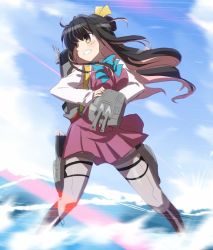 Rule 34 | 1girl, adapted turret, black hair, blue sky, boots, bow, bowtie, breasts, cannon, clenched teeth, cloud, cross-laced footwear, day, full body, grey pantyhose, hair ribbon, halterneck, kantai collection, lace-up boots, large breasts, long hair, machinery, multicolored hair, naganami (kancolle), outdoors, pantyhose, pink hair, ribbon, shirt, sky, smokestack, solo, speed lines, standing, teeth, torpedo launcher, turret, two-tone hair, water, wavy hair, white shirt, yellow eyes, yoshi tama