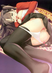 Rule 34 | 00s, 1girl, black thighhighs, breasts, censored, artistic error, fate/stay night, fate (series), female masturbation, gem, highres, knees, legs, long legs, masturbation, medium breasts, object insertion, panties, pussy, solo, thighhighs, thighs, tohsaka rin, tony taka, twintails, two side up, underwear, wrong hand