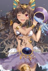Rule 34 | 1girl, aquarius (zodiac), armlet, bad id, bad pixiv id, bracelet, brown hair, gradient background, holding, jewelry, long hair, looking at viewer, mole, mole under mouth, navel, one eye closed, open mouth, original, pinb, red eyes, skirt, smile, solo, water, zodiac