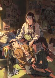 2boys barefoot black_hair black_pants black_shirt blue_pants brown_hair brown_jacket byakugan closed_eyes couch electric_fan full_body gaozijie422 hand_on_another&#039;s_head headband highres hyuuga_neji jacket long_hair looking_at_another male_focus messy_room multiple_boys naruto_(series) naruto_shippuuden notebook pants pen poster_(object) rock_lee shirt sleeping white_eyes white_headband white_jacket white_shirt