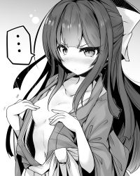 Rule 34 | ..., 10s, 1girl, ai takurou, blush, breasts, collarbone, covering privates, covering breasts, eyebrows, gradient background, greyscale, hair ribbon, japanese clothes, kamikaze (kancolle), kantai collection, kimono, long hair, looking at viewer, monochrome, motion lines, navel, no bra, nose blush, open clothes, open kimono, ribbon, sidelocks, small breasts, solo, spoken ellipsis, stomach, two-tone background, upper body, wide sleeves