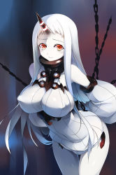 Rule 34 | 10s, 1girl, abyssal ship, bad id, bad pixiv id, blush, breasts, chain, detached sleeves, dress, covered erect nipples, horns, kantai collection, large breasts, long hair, looking at viewer, pale skin, red eyes, restrained, ribbed dress, seaport princess, short dress, sideboob, single horn, solo, tears, very long hair, white hair, yostxxx