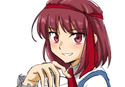 Rule 34 | 1girl, asama isami, blue vest, blush, collared shirt, cup, haramin3, looking at viewer, necktie, necktie on head, red eyes, red hair, red necktie, shirt, simple background, uwabami breakers, vest, white background, white shirt