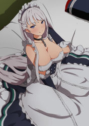 Rule 34 | 1girl, apron, arm up, azur lane, bad id, bad pixiv id, bare shoulders, bed, bed sheet, belfast (azur lane), black gloves, black skirt, braid, breasts, chain, cleavage, collar, collarbone, corset, dress, elbow gloves, french braid, frilled apron, frilled dress, frills, gloves, hand in own hair, highres, large breasts, long hair, long skirt, looking at viewer, maid headdress, on bed, pillow, purple eyes, silver hair, sitting, skirt, solo, sonri, tsurime, very long hair, white apron