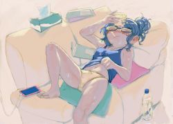 Rule 34 | 1girl, armpit peek, blue hair, blush, bottle, bow, bow panties, camisole, cellphone, character request, closed eyes, closed mouth, clothes lift, commentary request, copyright request, couch, envelope, eyewear on head, food, highres, holding, ice cream, kezuru, lying, messy hair, navel, no pants, on back, panties, phone, pillow, shirt lift, solo, sweat, tissue box, underwear, underwear only, water bottle, yellow panties
