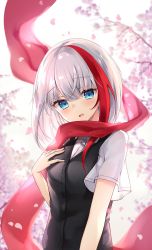 Rule 34 | 1girl, :d, admiral graf spee (azur lane), azur lane, black cat, blue eyes, blurry, blurry background, branch, breasts, cardigan, cardigan vest, cat, cherry blossoms, commentary request, depth of field, dress shirt, flower, hair between eyes, hand up, head tilt, highres, looking at viewer, multicolored hair, open mouth, osisio, petals, pink flower, red hair, red scarf, scarf, shirt, short sleeves, silver hair, small breasts, smile, solo, streaked hair, third-party source, upper body, white shirt