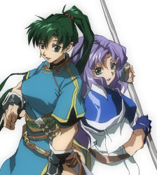 Rule 34 | 2girls, armor, blue eyes, breasts, circlet, dress, earrings, fingerless gloves, fire emblem, fire emblem: the blazing blade, florina (fire emblem), gloves, green eyes, green hair, high ponytail, highres, holding, holding polearm, holding weapon, jewelry, large breasts, long hair, looking at viewer, lyn (fire emblem), multiple girls, nintendo, open mouth, pegasus knight uniform (fire emblem), polearm, ponytail, purple hair, sheath, sheathed, shino (2919), simple background, smile, sword, very long hair, weapon, white background