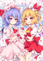 Rule 34 | 2girls, :d, absurdres, ascot, bat wings, bed sheet, blonde hair, blue hair, blush, bow, breasts, brooch, commentary request, dress, fang, feet out of frame, flandre scarlet, frilled pillow, frilled shirt collar, frills, hair between eyes, hand up, hat, hat bow, hat ribbon, highres, holding hands, interlocked fingers, jewelry, looking at viewer, lying, midriff peek, miy@, mob cap, multiple girls, navel, on back, one side up, open mouth, petals, petticoat, pillow, pink dress, pink eyes, pink headwear, puffy short sleeves, puffy sleeves, red ascot, red bow, red eyes, red ribbon, red skirt, remilia scarlet, ribbon, rose petals, shirt, short hair, short sleeves, siblings, sisters, skirt, skirt set, small breasts, smile, touhou, white headwear, white shirt, wings, wrist cuffs, yellow ascot