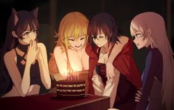 Rule 34 | 4girls, arm around neck, bare arms, bare shoulders, birthday cake, black dress, black hair, blake belladonna, blonde hair, blue dress, blue eyes, blurry, blurry background, breasts, cake, candle, cape, closed eyes, closed mouth, collarbone, criss-cross halter, crop top, dishwasher1910, dress, food, grey hair, hair between eyes, halterneck, hand on own arm, large breasts, lipstick, long hair, long sleeves, makeup, medium breasts, multicolored hair, multiple girls, off shoulder, open mouth, own hands together, pink lips, profile, red cape, red hair, ruby rose, rwby, short hair, sitting, sleeveless, smile, streaked hair, tank top, teeth, upper teeth only, weiss schnee, yang xiao long, yellow eyes