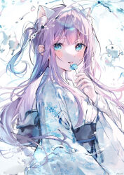 Rule 34 | 1girl, ame929, animal ear fluff, animal ears, black sash, blue eyes, blue kimono, candy, cat ears, commentary, floral print kimono, food, holding, holding candy, holding food, holding lollipop, japanese clothes, kimono, lollipop, long hair, looking at viewer, obi, original, parted lips, purple hair, sash, sidelocks, signature, solo, symbol-only commentary, two-tone kimono, upper body, water, water drop, white background, white kimono