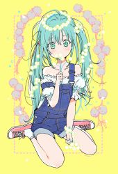 Rule 34 | 1girl, ahoge, blush, commentary request, converse, covered mouth, flower, flower over mouth, green eyes, green hair, hair between eyes, hatsune miku, holding, holding flower, ishikawa mami, long hair, looking at viewer, off-shoulder shirt, off shoulder, overall shorts, overalls, pink footwear, puffy short sleeves, puffy sleeves, shirt, shoes, short sleeves, sitting, sneakers, socks, solo, twintails, very long hair, vocaloid, wariza, white flower, white shirt, white socks, yellow background