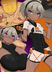 Rule 34 | &gt;:(, 1boy, 1girl, ?, @ @, ass, bea (pokemon), black bodysuit, black hairband, black ribbon, blue eyes, bodysuit, bodysuit under clothes, breasts, cameltoe, cleft of venus, clenched hand, closed mouth, clothes writing, coin, collarbone, comic, covered anus, covered erect nipples, covered navel, creatures (company), crop top, dark-skinned female, dark skin, folded, game freak, gen 1 pokemon, gym leader, hair ribbon, hairband, holding, holding poke ball, holed coin, hypno, hypnosis, mask, mind control, motion lines, nintendo, nt00, pendulum, poke ball, pokemon, pokemon (creature), pokemon swsh, ribbon, short hair, short sleeves, shorts, side slit, silent comic, silver hair, skin tight, small breasts, spread legs, stomach, toned, ultra ball, v-shaped eyebrows, white shorts