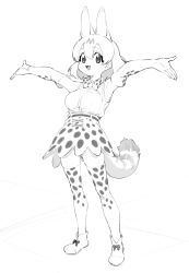 Rule 34 | 1girl, :d, absurdres, animal ears, armpits, arms up, bad id, bad pixiv id, bow, bowtie, elbow gloves, extra ears, fang, full body, gloves, greyscale, hair between eyes, highres, kemono friends, kona ming, looking at viewer, monochrome, open mouth, outstretched arms, print bow, print bowtie, print gloves, print neckwear, print skirt, print thighhighs, serval (kemono friends), serval print, serval tail, shirt, shoes, short hair, simple background, skirt, sleeveless, sleeveless shirt, smile, solo, spread arms, standing, tail, thighhighs, traditional bowtie, white background