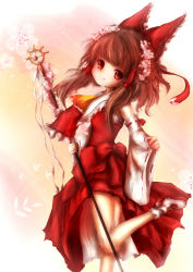 Rule 34 | 1girl, amano jack, ascot, bad id, bad pixiv id, blush, bow, brown hair, cherry blossoms, detached sleeves, hair bow, hair tubes, hakurei reimu, highres, japanese clothes, miko, red eyes, shoes, smile, solo, staff, touhou