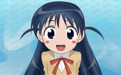 Rule 34 | 00s, 1girl, blue eyes, blue hair, blush, blush stickers, happy, highres, long hair, looking at viewer, matching hair/eyes, school rumble, school uniform, serafuku, short twintails, smile, solo, tsukamoto tenma, twintails, two side up, vector trace, wallpaper