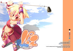Rule 34 | 1girl, armlet, armpits, arms up, asymmetrical clothes, bandeau, blush, bracelet, collarbone, full body, golf club, holding, jewelry, kazekawa nagi, lola, lola (pangya), looking at viewer, looking back, midriff, navel, necklace, pangya, pendant, pleated skirt, red skirt, sandals, skirt, smile, solo, standing, stomach, text focus
