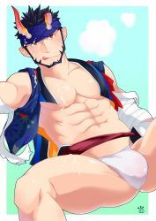 Rule 34 | 1boy, abs, anus, bara, bare pectorals, beard, black hair, blush, broken horn, bulge, come hither, cum, cum on body, cum on male, cum on pectorals, demon boy, demon horns, facial, facial hair, feet out of frame, fundoshi, happi, highres, horns, implied yaoi, japanese clothes, koushirou (6qc4n0ciwowwies), live a hero, looking at viewer, male focus, mature male, muscular, muscular male, nessen (live a hero), nipples, pectorals, red eyes, seductive smile, short hair, smile, solo, spread anus, spread legs, stomach, thick thighs, thighs, wet clothes, wet fundoshi