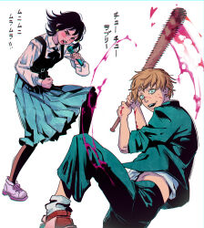 Rule 34 | 1boy, 1girl, absurdres, amachu a, baseball bat, black hair, blonde hair, blood, blood on arm, blood on face, chainsaw man, clenched hand, commentary, denji (chainsaw man), dress, fourth east high school uniform, gakuran, half-closed eyes, highres, holding, holding baseball bat, holding microphone, low-tied sidelocks, medium dress, microphone, mifune fumiko, open mouth, pantyhose, pleated dress, school uniform, sharp teeth, shoes, sneakers, teeth, translation request, yellow eyes