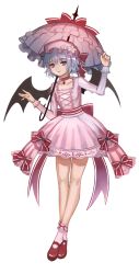Rule 34 | 1girl, adapted costume, alternate costume, bad id, bad pixiv id, bat wings, blue hair, choker, collarbone, dress, flower, full body, grin, hat, hat flower, hat ribbon, long sleeves, looking at viewer, mary janes, mob cap, nail polish, parasol, pink dress, pink socks, red eyes, remilia scarlet, ribbon, sash, shoes, short hair, simple background, smile, socks, solo, torang3478, touhou, umbrella, white background, wings