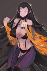 Rule 34 | 1girl, absurdly long hair, absurdres, animal hands, bare shoulders, black hair, breasts, brown background, character request, claws, commentary request, eyeshadow, feathered wings, feathers, green eyes, harpy, highres, huge breasts, long hair, makeup, monster girl, navel, orange feathers, orange wings, pointy ears, red eyeshadow, revealing clothes, simple background, solo, thigh gap, very long hair, winged arms, wings, yu-gi-oh!, zzh-27
