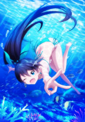Rule 34 | 1girl, air bubble, animal, antenna hair, barefoot, bikini, black hair, blue eyes, breasts, breath, bubble, caustics, coral, diving, earrings, fang, fish, freediving, ganaha hibiki, halterneck, high ponytail, highres, holding breath, idolmaster, idolmaster (classic), jewelry, lens flare, long hair, medium breasts, ocean, one eye closed, open mouth, outsider 0, ponytail, revision, side-tie bikini bottom, smile, solo, sparkle, string bikini, swimming, swimsuit, underwater, v