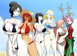 Rule 34 | 6+girls, absurdres, arthropod girl, bare arms, bare shoulders, bikini, black hair, blonde hair, blush, braid, breasts, cleavage, closed eyes, collarbone, cz2128 delta, double v, embarrassed, entoma vasilissa zeta, glasses, hair bun, hat, highres, large breasts, looking at another, lupusregina beta, marauder6272, medium breasts, monster girl, multiple girls, narberal gamma, navel, one-piece swimsuit, outdoors, overlord (maruyama), pink hair, ponytail, red hair, single hair bun, sky, slingshot swimsuit, solution epsilon, swimsuit, twin braids, unusual pupils, v, yuri alpha