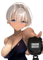 Rule 34 | 1girl, absurdres, black one-piece swimsuit, blue eyes, blush, breasts, commentary request, competition swimsuit, dark skin, grey hair, highres, large breasts, looking at viewer, mole, mole on breast, one-piece swimsuit, one-piece tan, original, pisuta (yamashiro), school swimsuit, short hair, simple background, solo, stopwatch, swimsuit, tan, tanline, watch, water drop, wet, white background