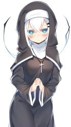 Rule 34 | 1girl, black robe, blue eyes, blush, commentary, cross, cross necklace, habit, hair between eyes, hair ornament, hairclip, highres, jewelry, long sleeves, looking at viewer, necklace, nun, original, otokuyou, own hands clasped, own hands together, ringo-chan (otokuyou), robe, simple background, solo, white background, white hair, wide sleeves