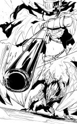 Rule 34 | 1girl, absurdres, aiming, aiming at viewer, cape, character request, covered face, greyscale, gun, hat, highres, holding, holding gun, holding weapon, looking at viewer, midriff, monochrome, monster, monster hunter (series), navel, niwarhythm, rifle, solo, weapon