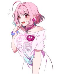 Rule 34 | 1girl, ahoge, aqua hair, bangle, blush, bracelet, breasts, collar, ear blush, earrings, fang, flying sweatdrops, idolmaster, idolmaster cinderella girls, jewelry, large breasts, looking at viewer, multicolored hair, off shoulder, parted lips, pill earrings, pink collar, pink eyes, pink hair, shirt, short sleeves, simple background, skin fang, solo, t-shirt, white background, yoruhachi, yumemi riamu