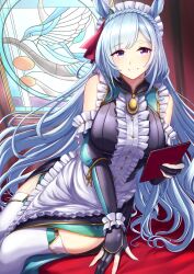 Rule 34 | 1girl, absurdres, alternate costume, animal ears, apron, bare shoulders, black gloves, blue hair, blush, braid, breasts, center frills, commentary request, crown braid, dress, ear ornament, elbow gloves, enmaided, frilled dress, frills, garter straps, gloves, grin, highres, holding, holding menu, horse ears, horse girl, large breasts, long hair, looking at viewer, maid, maid apron, maid headdress, mejiro ardan (umamusume), menu, partially fingerless gloves, purple eyes, same kujira (challenger 310), scrunchie, sleeveless, sleeveless dress, smile, solo, stained glass, teeth, thighhighs, umamusume, very long hair, white thighhighs, window, windowsill, wrist scrunchie