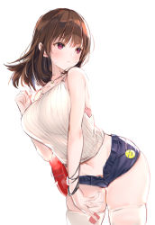 Rule 34 | 1girl, bad id, bad pixiv id, bag, bra, breasts, brown hair, denim, denim shorts, highres, holding, jewelry, large breasts, medium hair, necklace, original, pink bra, red bag, red eyes, ribbed tank top, short shorts, shorts, simple background, skindentation, solo, tank top, thighhighs, underwear, white background, white tank top, white thighhighs, yaegashi nan