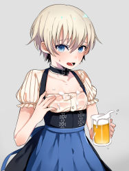 Rule 34 | 10s, 1girl, alcohol, alternate costume, apron, bad id, bad pixiv id, barmaid, beer, beer mug, blue apron, blue eyes, blush, breasts, buttons, choker, cleavage, cowboy shot, cross, cup, dirndl, dress, flat chest, foam, german clothes, grey background, hair between eyes, highres, iron cross, kantai collection, looking at viewer, mug, no bra, oktoberfest, oniku (oishii oniku), open mouth, puffy sleeves, see-through, sexually suggestive, short hair, short sleeves, silver hair, simple background, small breasts, solo, spill, suggestive fluid, sweat, waist apron, waitress, wet, wet clothes, z1 leberecht maass (kancolle)