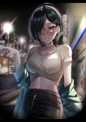 Rule 34 | 1girl, absurdres, black hair, blue jacket, breasts, choker, chromatic aberration, city, crop top, ear piercing, female focus, glasses, grin, hair ornament, hair over one eye, hairclip, highres, jacket, large breasts, long sleeves, looking at viewer, medium hair, midriff, night, off shoulder, open clothes, open jacket, original, outdoors, piercing, red eyes, round eyewear, short sleeves, smile, solo, white choker, yufou