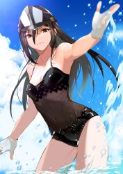 Rule 34 | 1girl, black hair, black one-piece swimsuit, breasts, casual one-piece swimsuit, closed mouth, cloud, collarbone, commentary request, covered navel, dated, day, fingerless gloves, fishnet swimsuit, gloves, hair between eyes, hat, highres, long hair, looking at viewer, morag ladair (obligatory leave) (xenoblade), morag ladair (xenoblade), nayuta-kanata, official alternate costume, one-piece swimsuit, partially submerged, partially underwater shot, revision, see-through swimsuit, signature, sky, small breasts, smile, solo, splashing, standing, swimsuit, visor cap, water, white gloves, xenoblade chronicles (series), xenoblade chronicles 2